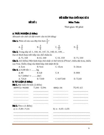 10 Đề kiểm tra cuối học kì II môn Toán Lớp 5 (Có đáp án)