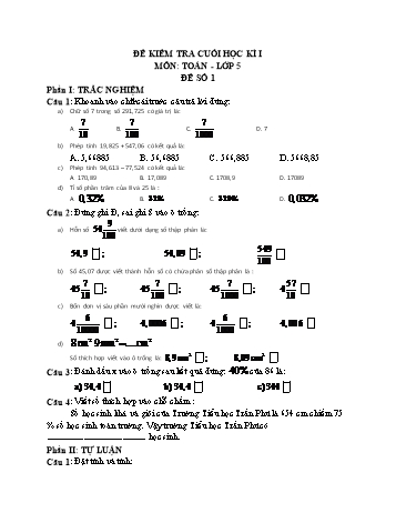 15 Đề kiểm tra cuối học kì I môn Toán Lớp 5
