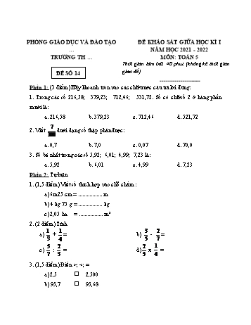 25 Đề khảo sát giữa học kì 1 năm học 2021-2022 môn Toán Lớp 5 - Đề số 14