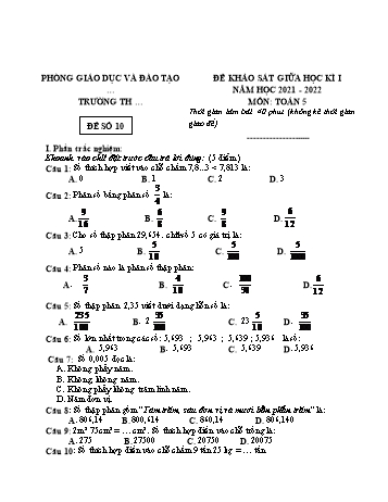 25 Đề khảo sát giữa học kì 1 năm học 2021-2022 môn Toán Lớp 5 - Đề số 10