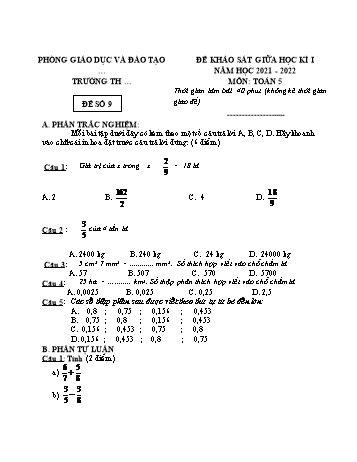 25 Đề khảo sát giữa học kì 1 năm học 2021-2022 môn Toán Lớp 5 - Đề số 9