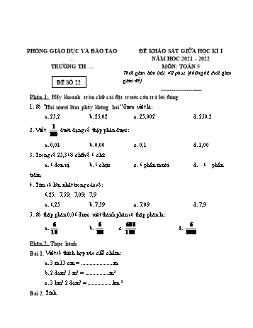 25 Đề khảo sát giữa học kì 1 năm học 2021-2022 môn Toán Lớp 5 - Đề số 22