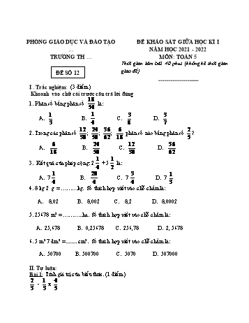 25 Đề khảo sát giữa học kì 1 năm học 2021-2022 môn Toán Lớp 5 - Đề số 12