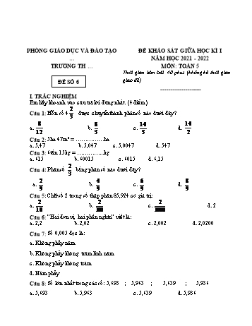 25 Đề khảo sát giữa học kì 1 năm học 2021-2022 môn Toán Lớp 5 - Đề số 6