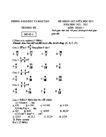 25 Đề khảo sát giữa học kì 1 năm học 2021-2022 môn Toán Lớp 5 - Đề số 4