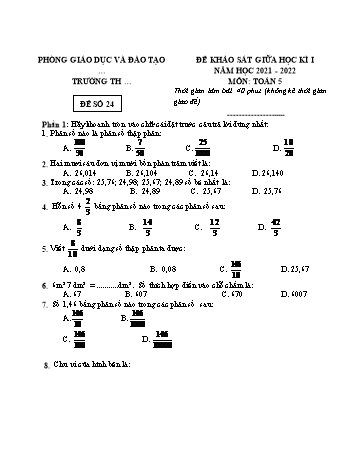 25 Đề khảo sát giữa học kì 1 năm học 2021-2022 môn Toán Lớp 5 - Đề số 24