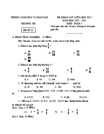 25 Đề khảo sát giữa học kì 1 năm học 2021-2022 môn Toán Lớp 5 - Đề số 11