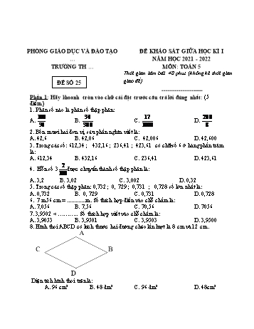 25 Đề khảo sát giữa học kì 1 năm học 2021-2022 môn Toán Lớp 5 - Đề số 25