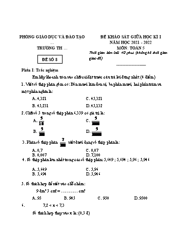 25 Đề khảo sát giữa học kì 1 năm học 2021-2022 môn Toán Lớp 5 - Đề số 8