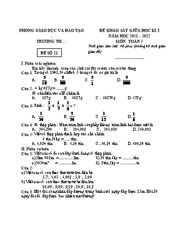 25 Đề khảo sát giữa học kì 1 năm học 2021-2022 môn Toán Lớp 5 - Đề số 21