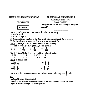 25 Đề khảo sát giữa học kì 1 năm học 2021-2022 môn Toán Lớp 5 - Đề số 15