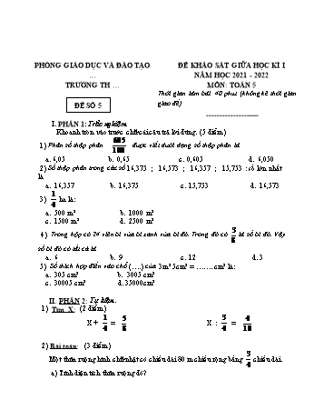 25 Đề khảo sát giữa học kì 1 năm học 2021-2022 môn Toán Lớp 5 - Đề số 5