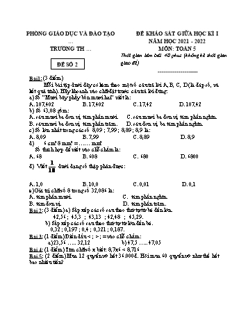 25 Đề khảo sát giữa học kì 1 năm học 2021-2022 môn Toán Lớp 5 - Đề số 2