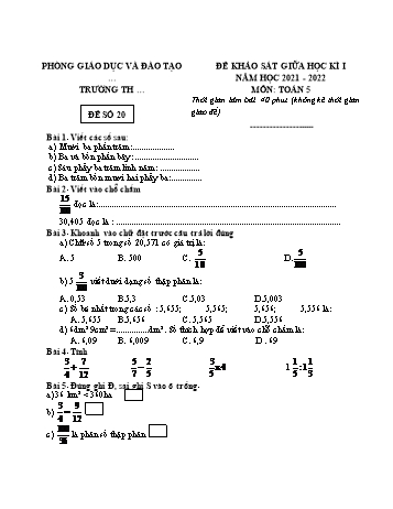 25 Đề khảo sát giữa học kì 1 năm học 2021-2022 môn Toán Lớp 5 - Đề số 20