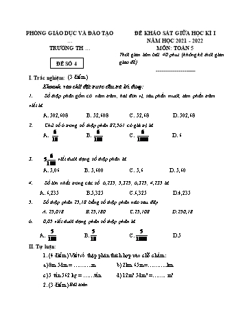 25 Đề khảo sát giữa học kì I năm học 2021-2022 môn Toán Lớp 5 - Đề số 4