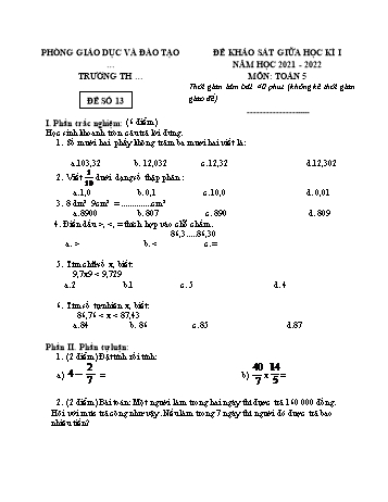 25 Đề khảo sát giữa học kì I năm học 2021-2022 môn Toán Lớp 5 - Đề số 13