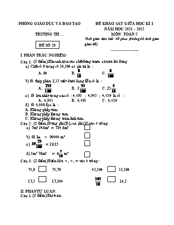 25 Đề khảo sát giữa học kì I năm học 2021-2022 môn Toán Lớp 5 - Đề số 20
