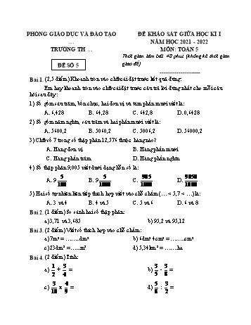 25 Đề khảo sát giữa học kì I năm học 2021-2022 môn Toán Lớp 5 - Đề số 5