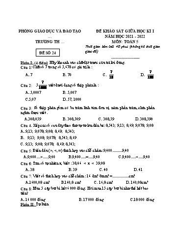 25 Đề khảo sát giữa học kì I năm học 2021-2022 môn Toán Lớp 5 - Đề số 24