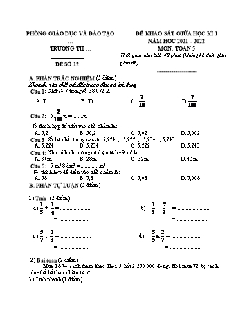 25 Đề khảo sát giữa học kì I năm học 2021-2022 môn Toán Lớp 5 - Đề số 12