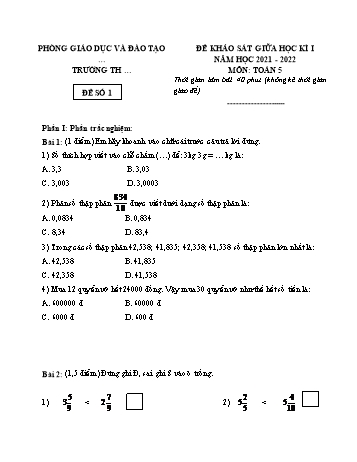 25 Đề khảo sát giữa học kì I năm học 2021-2022 môn Toán Lớp 5 - Đề số 1