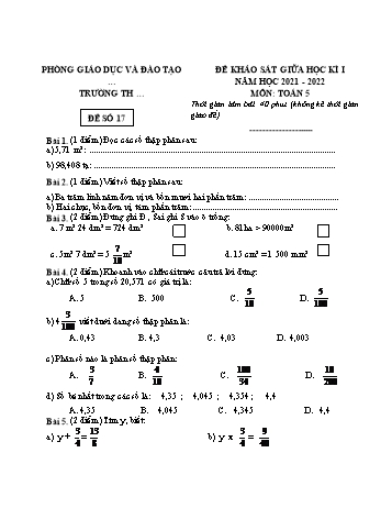 25 Đề khảo sát giữa học kì I năm học 2021-2022 môn Toán Lớp 5 - Đề số 17