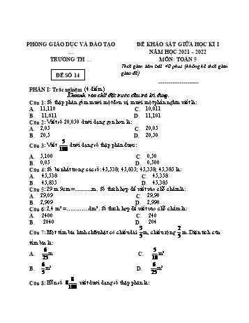 25 Đề khảo sát giữa học kì I năm học 2021-2022 môn Toán Lớp 5 - Đề số 14