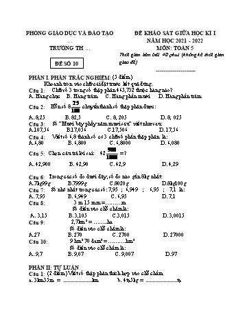 25 Đề khảo sát giữa học kì I năm học 2021-2022 môn Toán Lớp 5 - Đề số 10