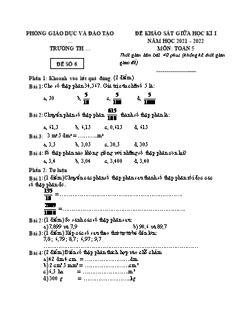 25 Đề khảo sát giữa học kì I năm học 2021-2022 môn Toán Lớp 5 - Đề số 6