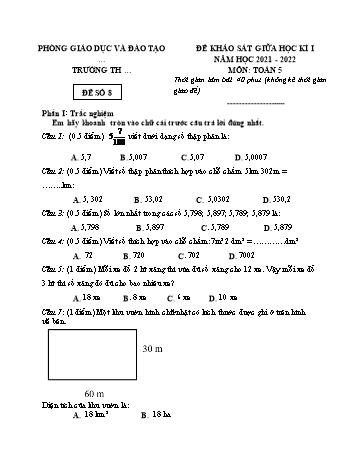 25 Đề khảo sát giữa học kì I năm học 2021-2022 môn Toán Lớp 5 - Đề số 8