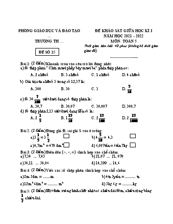 25 Đề khảo sát giữa học kì I năm học 2021-2022 môn Toán Lớp 5 - Đề số 15