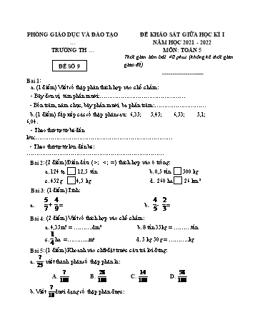 25 Đề khảo sát giữa học kì I năm học 2021-2022 môn Toán Lớp 5 - Đề số 9