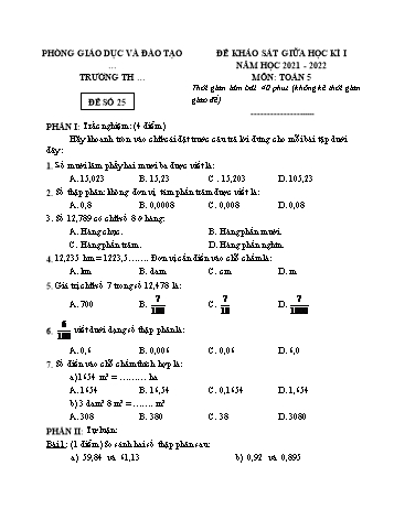 25 Đề khảo sát giữa học kì I năm học 2021-2022 môn Toán Lớp 5 - Đề số 25