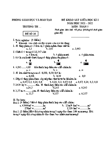 25 Đề khảo sát giữa học kì I năm học 2021-2022 môn Toán Lớp 5 - Đề số 16