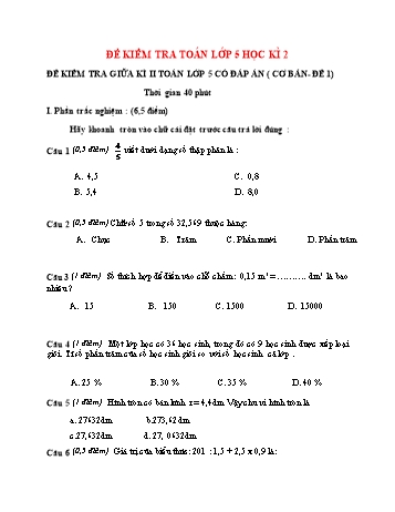 Đề kiểm tra môn Toán Lớp 5 học kì 2 - Đề cơ bản và nâng cao (Có đáp án)