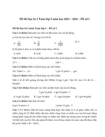 Đề thi học kì 2 môn Toán Lớp 5 năm học 2021-2022 - Đề số 1 (Có đáp án)