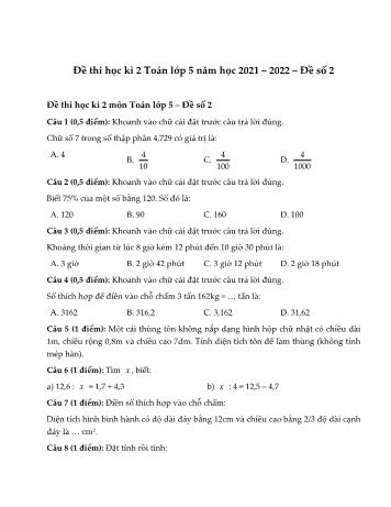 Đề thi học kì 2 môn Toán Lớp 5 năm học 2021-2022 - Đề số 2 (Có đáp án)