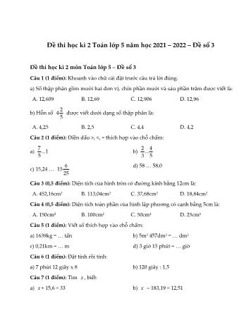 Đề thi học kì 2 môn Toán Lớp 5 năm học 2021-2022 - Đề số 3 (Có đáp án)