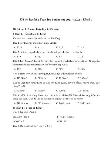 Đề thi học kì 2 môn Toán Lớp 5 năm học 2021-2022 - Đề số 4 (Có đáp án)