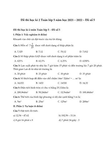 Đề thi học kì 2 môn Toán Lớp 5 năm học 2021-2022 - Đề số 5 (Có đáp án)