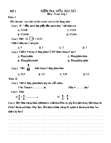 10 Đề kiểm tra giữa học kì 1 môn Toán Lớp 5