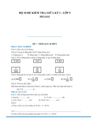 10 Đề kiểm tra giữa kì 1 Toán Lớp 5