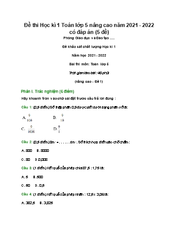 5 Đề khảo sát chất lượng học kì 1 năm học 2021-2022 môn Toán nâng cao Lớp 5 (Có đáp án)