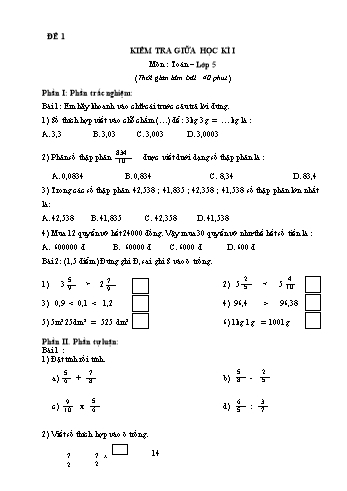60 Đề kiểm tra giữa học kì 1 Toán Lớp 5