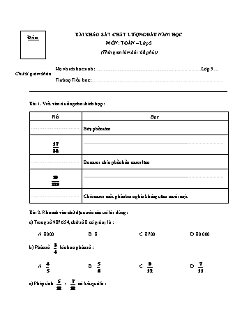 Bài khảo sát chất lượng đầu năm Toán Lớp 5 (Có hướng dẫn chấm)