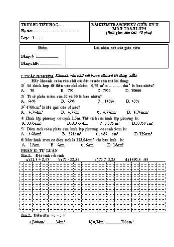 Bài kiểm tra định kì giữa kì 2 Toán Lớp 5 (Có đáp án)