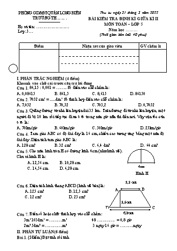 Bài kiểm tra định kì giữa kì 2 Toán Lớp 5 - Năm học 2022-2023 - Trường Tiểu học Thạch Bàn B (Có hướng dẫn chấm)