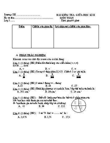 Bài kiểm tra giữa học kì 2 Toán Lớp 5 (Có hướng dẫn chấm)