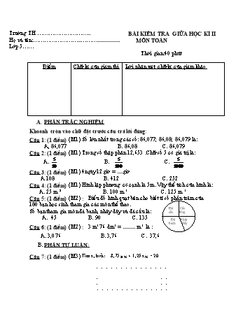 Bài kiểm tra giữa kì 2 Toán Lớp 5 (Có hướng dẫn chấm)