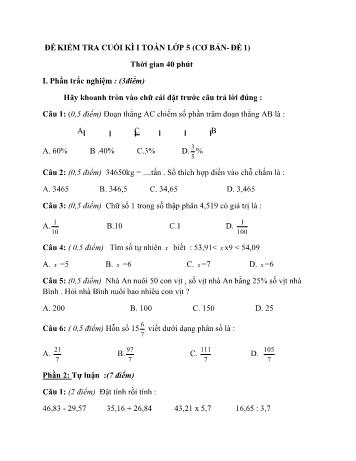 Bộ 10 đề kiểm tra cuối kì 1 môn Toán Lớp 5 cơ bản